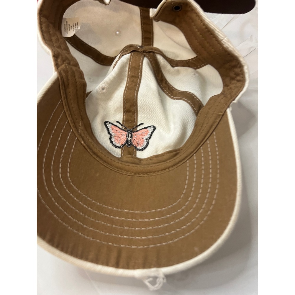 Butterfly Embroidered Distressed Dad Hat Cream Off-White Adjustable Baseball Cap - Picture 3 of 4